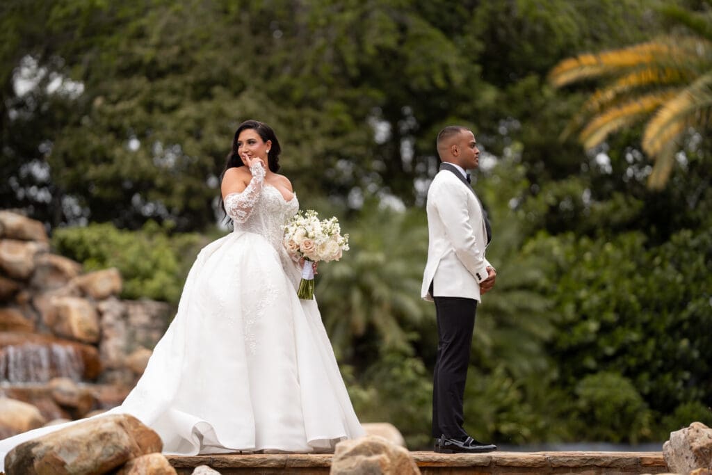 Bride and groom first look at Parkland Country Club.
